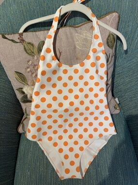 Lisa Marie Fernandez White One-Piece Swimsuit with Orange Polka Dot Print